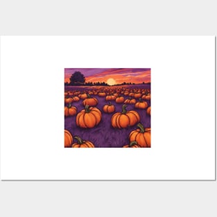 Halloween Pumpkin Patch at Dawn in Cartoon Style Posters and Art